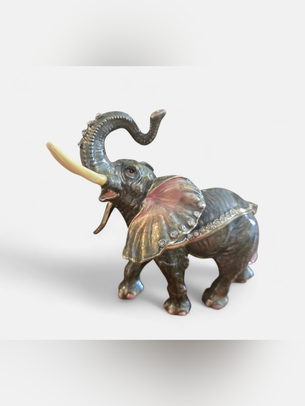 Elephant Magnetic Trinket Box w/Clear Jewels Orange Interior Marked w/"T"